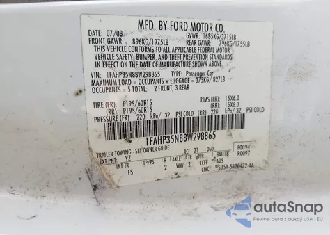 2008 Ford Focus Se/Ses из США, поврежденный, VIN 1FAHP35N88W298865